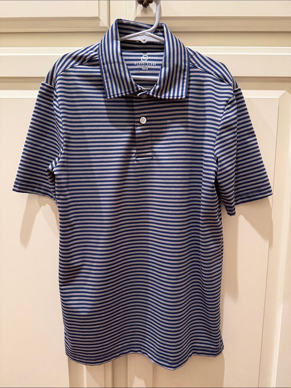 Boys Youth Class Club Navy Blue & Gray Striped Polo Shirt Size 10 / 12 Dri Fit
